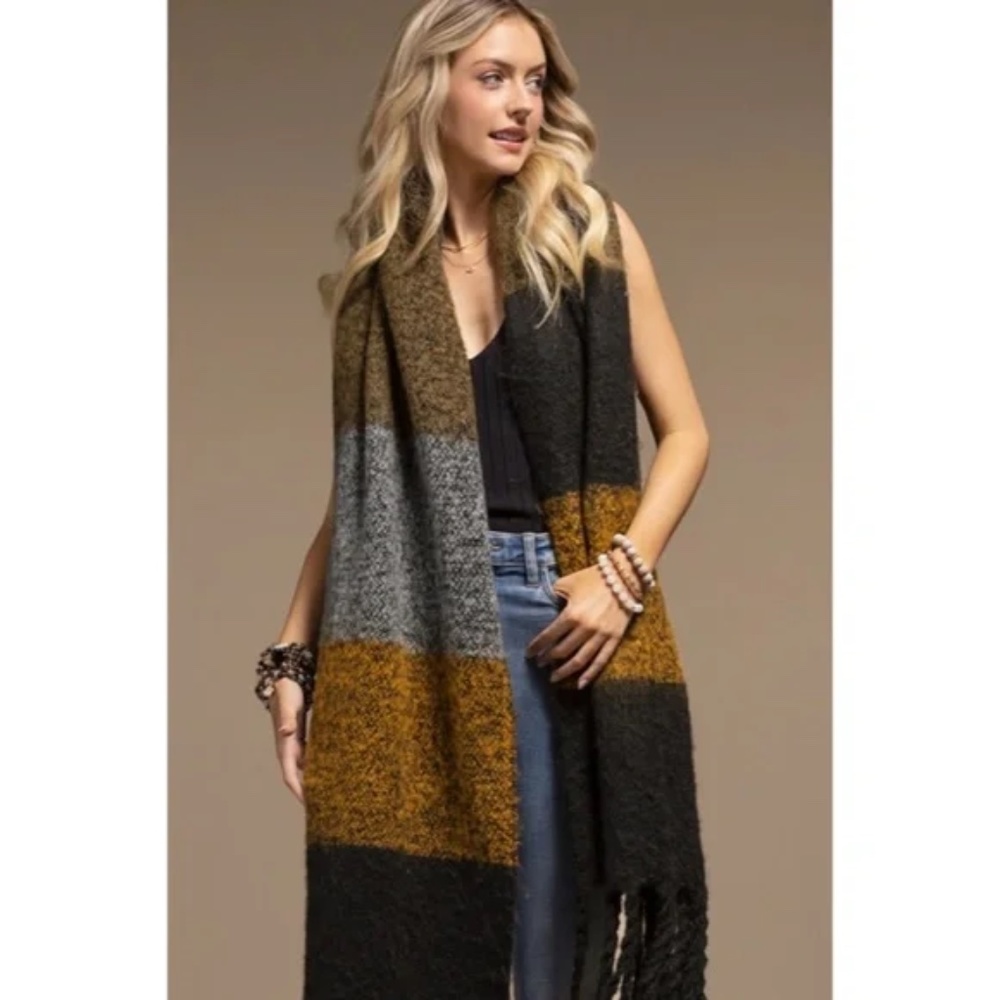 SOLD OUT Black Multi Plush Wide Stripe Oblong Scarf Winter Women's Casual Knit - Picture 3 of 4